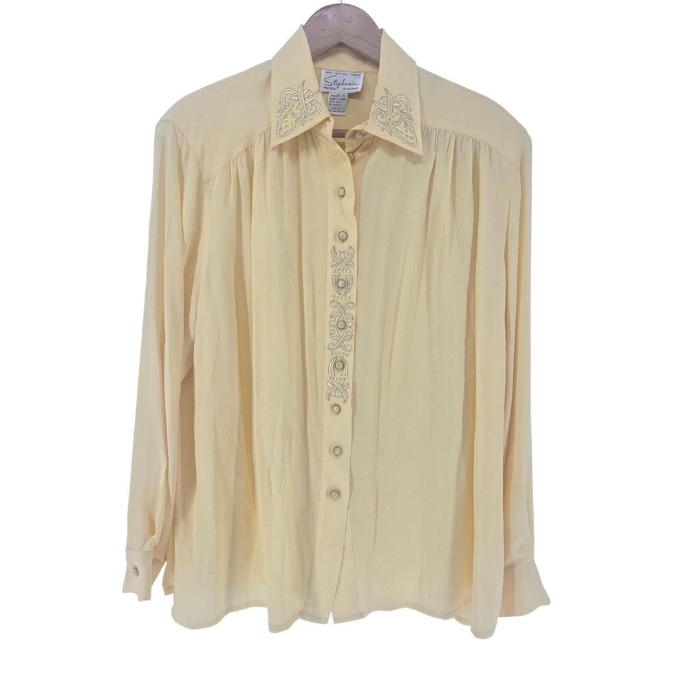 Stephanie Silk Blouse Womens Large Yellow Vintage Embroidered Button Down